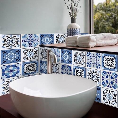 Blue Floral Pattern Matte Tiles Sticker Transfers Covers For Kitchen Bathroom Home Decor Floor Peel & Stick Waterproof Wallpaper