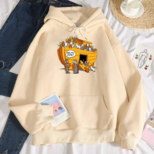 Cartoons Style Noahs Ark Cat Printing Sweatshirt Female Fashion Oversize Hoodie Autumn Casual Tops Warm Fleece Hoody womens