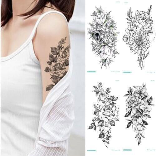Waterproof Temporary Tattoo Sticker Flower Black Roses Peony Designs Sexy Body Arm Art Flash Tattoos Women Tattoo Stickers