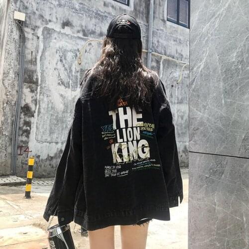 Spring Street Style Letters Embroidery Denim Black Jacket Women Holes Jean Coats and Jackets Loose Ripped Crop Jackets