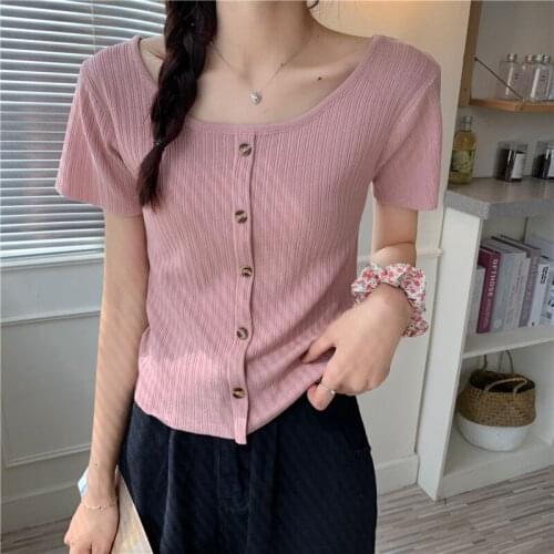 Women Summer T-shirt Retro Square Collar Short Sleeve Knit Tee Ice Silk Thin Slim Casual Cropped Tops