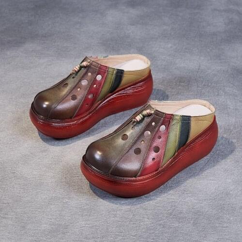 YourSeason Ladies 2021 Summer Outside Shoes Genuine Leather Mixed Colors Women Retro Slides Wedges Slippers Handmade