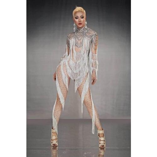 Fake Rhinestone White Tassel Long Sleeves Jumpsuit Women Dancer Spandex Leggings Outfit Singer Prom Show Outfit