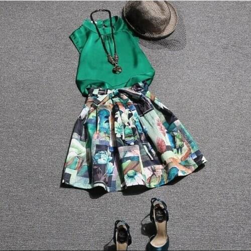 2020 Summer Women two piece set Skirts suits chiffon blouse shirt women tops + High Waist Printed Skirts set