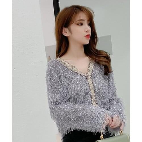 New Spring Autumn Sweet Loose Tassel Sweaters Women Elegant V-Neck Long Sleeve Sweater all-match Knitting pullovers tops Mw820