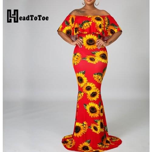Sunflower Print Sexy Off Shoulder Slash Neck Maxi Dress Women Backless Ruffles Fit Flare Summer Dress
