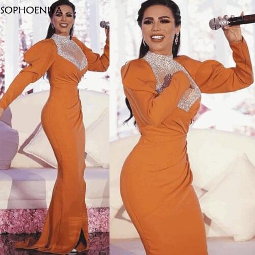 New Arrival Long sleeve Mermaid evening dresses Long Orange gown abendkleider 2021 Sliver Beading Cheap Party dress