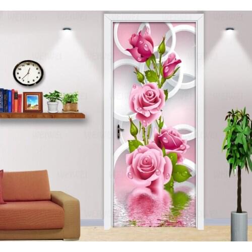2 Pcs/Set 3D Rose Flower Creative Door Stickers DIY Wall Mural Bedroom Home Decor Poster PVC Waterproof Door Sticker Wallpaper