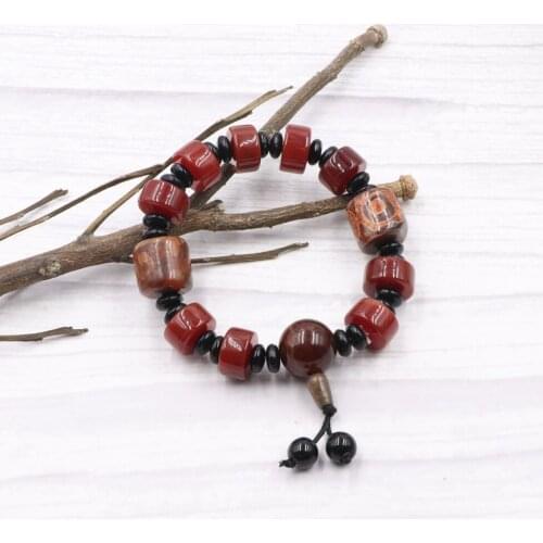 Handmade Beads Bracelet Tibet Dzi Natural Agates Stone Strand Bracelets Bangle Fengshui Prayer Yoga Wristband Jewelry 19cm B334