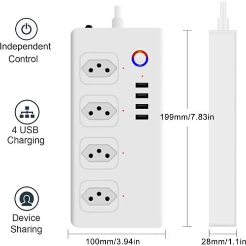 Brazil WiFi Smart Power Strip with 4 Outlets 4USB Ports ,1.4m Extension Cord Voice works with Alexa, Google Home