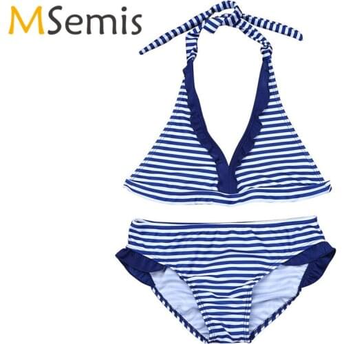 Kids Girls Tankini Swimsuit Two Piece Swimwear Halter Tops with Bottoms Surfing Swimming Suit Beachwear Halter Neck Bathing Suit
