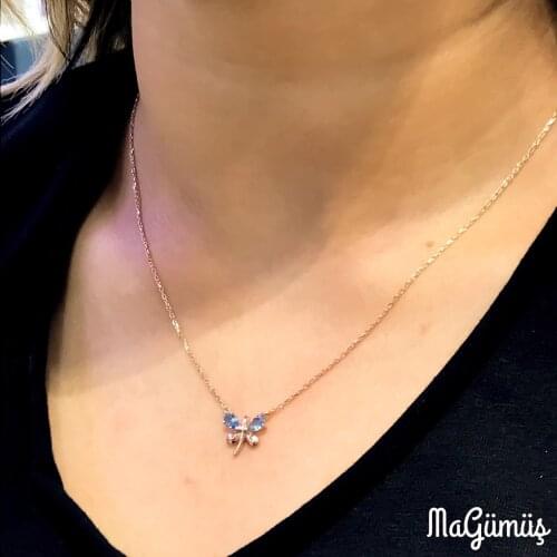 Blue little Butterfly Aquamarine Gemstone Silver Necklace