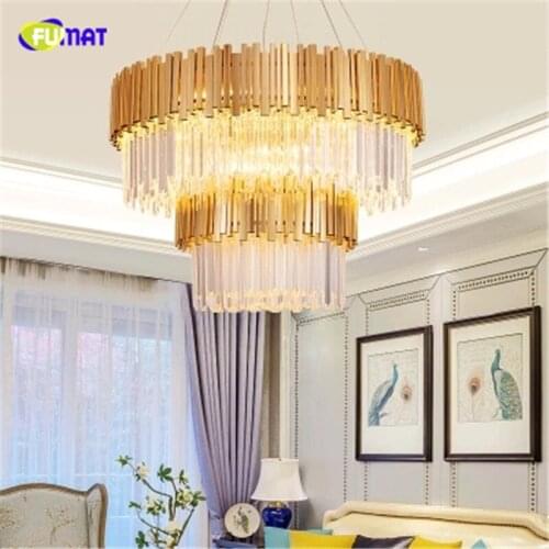 FUMAT Round Cake Shape Gold Crystal K9 Stainess Steel LED Pendant Lamp Luxury Lustres Suitable For Dining Room Foyer Kitchen Etc