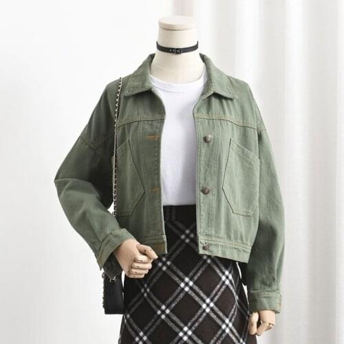Korean Army Green Back Single-breasted Split Denim Jacket Casual Black Long Sleeve Short Loose Jeans Jacket Spring Autumn 2021