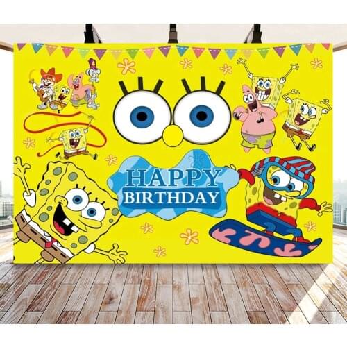 Square Sponge-Bob Happy Birthday Party Decorations Customize Name Birthday Background Photocall Baby Shower Photographic
