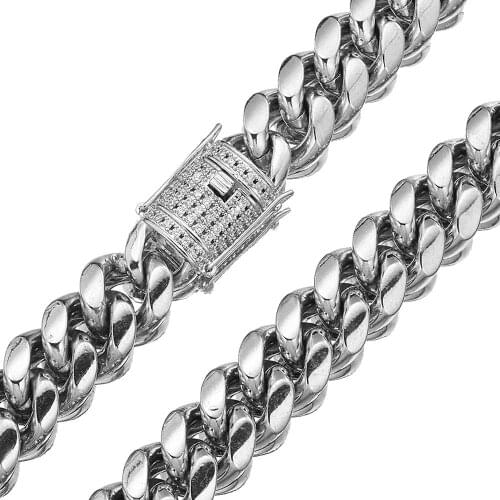 Granny Chic 18mm Punk Style Mens Hip Hop Stainless Steel Miami Cuban Curb Chain White Crystal Clasp Necklace 7-40 Inch