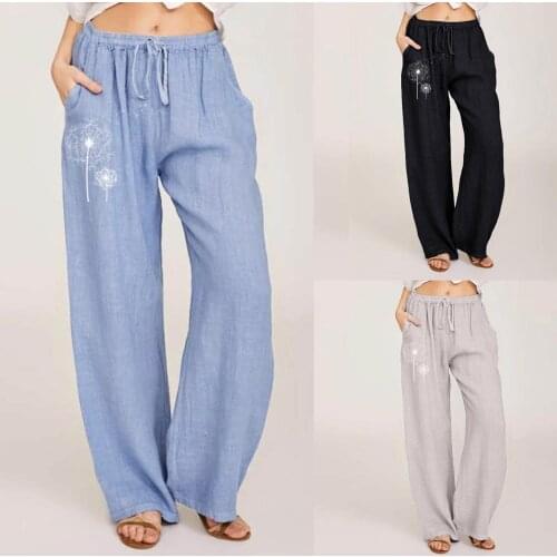 2021 New Summer Womens Clothing Casual Print Cotton Linen Drawstring Elastic Waist Long Wide Leg Pants Sports Trousers