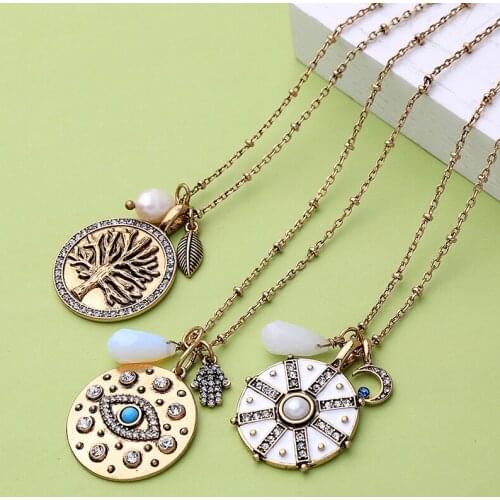 Rongho Women Vintage Crystal Evil Eyes Pendant Necklace Star Moon choker necklace femme leaf pendant bohemia bijoux 2019