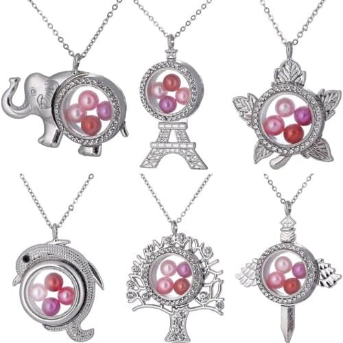 Silver Rhinestone Magnetic Glass Living Memory Locket Pendant Beads Pearl Cage Floating Charms Pendant Steel Chain Necklace