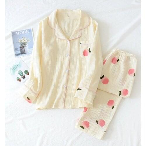 Spring Ladies Gauze Cotton Sleepwear Cartoon Peach Printed Cardigan+Pants Loose Thin Pajamas Set INS Style Homewear Casual Wear