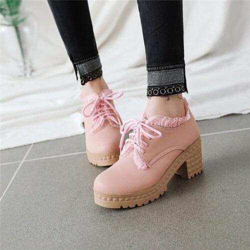 YMECHIC Spring Platform Heels Lace Up Women Shoes Daily Casual College Sweet Cute Ruffles Ladies Block High Heel Pumps Pink Blue