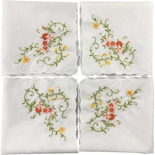 Ladies handkerchief White Cotton Hankies with Scallop Edges & Color embroidery Floral Hanky 12x12-inch