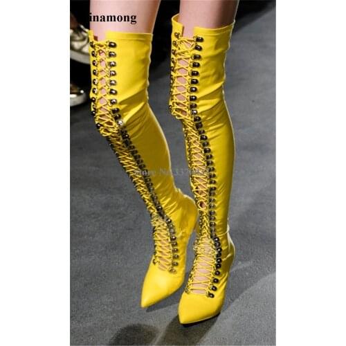 Women Sexy Pointed Toe Buttons Thin Heel Over Knee Gladiator Boots Lace-up Cut-out Yellow White Black Long High Heel Boots
