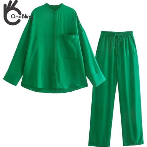 OneBling 2021 Za Woman Casual Traf Outfits Femme Thin Style Summer Loose Shirt + Ankle Pants Suits Green Yellow 2 Piece Sets