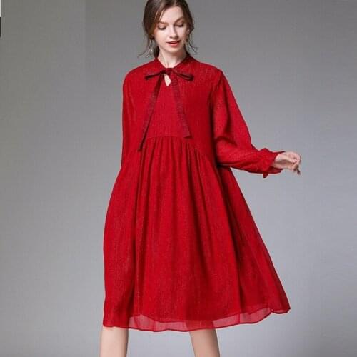 Autumn Ladies Plus Size Bow collar Flashing chiffon Dress empire pleated Elegant loose party Dress Rhinestone longos vestidos4XL