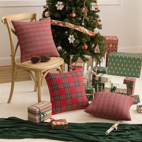 1/2/4 Pcs Square Pillow Cases Christmas Scottish Tartan Plaid Cotton Polyester Throw Waist Couple Gift Home Decoration 45x45cm