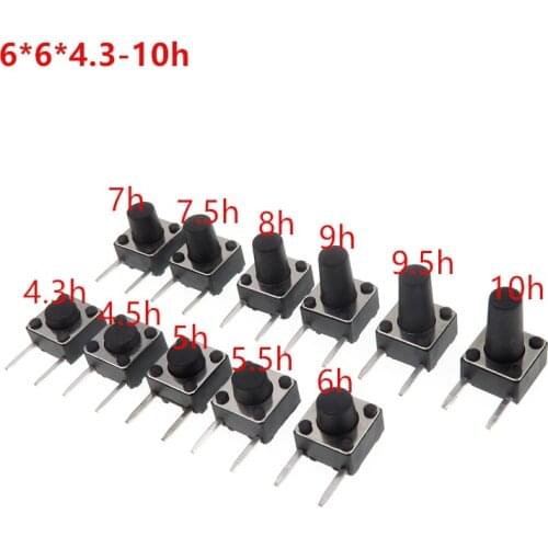 100pcs 6*6*4.3-10mm (Side Two Pin DIP) Black Mini Push Button Momentary Tact Button Switch Copper feet micro switches