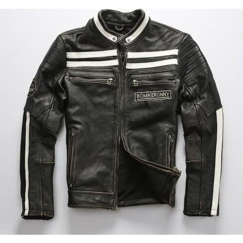 2020 Fashion Punk Style Vintgae Motorcycle Men Cowskin Genuine Leather Jacket Black Slim Skulls Embroidery Biker Coat