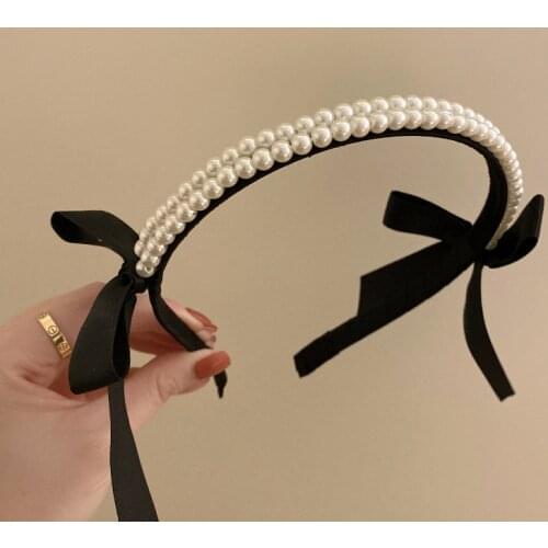 2021 Cute Korean Pearl Bow Bezel Headwear Women Headband Girls Kwali Hair Bands Hairband Hoop for Holiday Party Hair Accessories