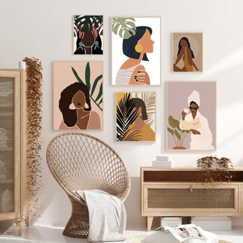 Abstract Fashion African American Women Poster Canvas Prints Afro Girls Boho Wall Art Pictures Plants Painting Living Room Decor