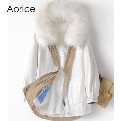 Aorice Women Real Fox Fur Collar Coat Jacket Female Rex Rabbit Liner Long Parka Trench A41624