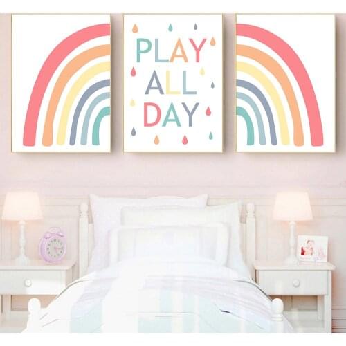 Play All Day Quote Print Pink Rainbow Canvas Wall Art Poster Nursery Painting Child Posters Nordic Wall Pictures Kids Room Decor
