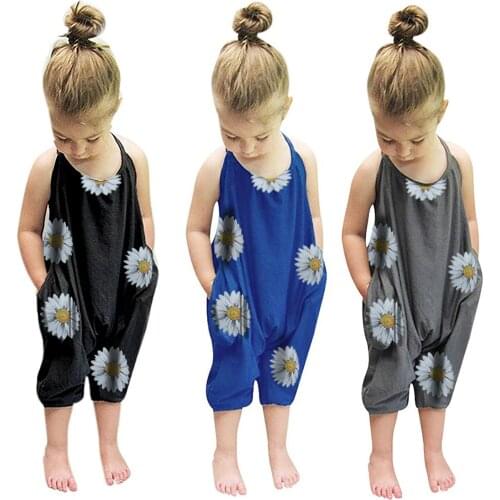 Children Clothing Summer Girls Sunflower Printed Sling Halter Jumpsuit Girls Overalls Breathable Sweety Kids Playsuit 1-6 Years
