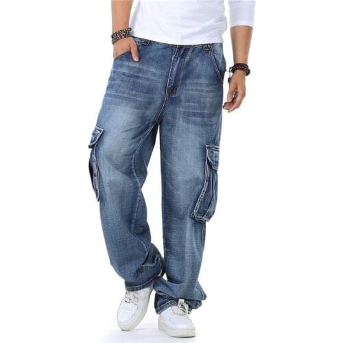 New EU Russian Style Brand Mens Straight Denim Cargo Pants Biker Jeans Men Baggy Loose Blue Jeans With Side Pockets Plus Size 46