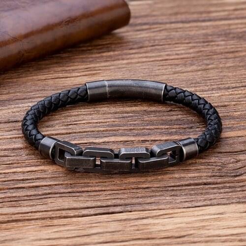 Geometric Locomotive Bicycle Chain Accessories Men Stainless Steel Leather Bracelet Magnet Buckle Vintage Punk Style Bracelets