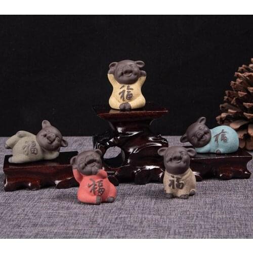 Jusen 6cm*3.8cm Ceramic Lucky Smiley Pig Tea Pet Teaware Figure Tea Accessorise Tea Ceremony Teaset Home Coffee Decorative