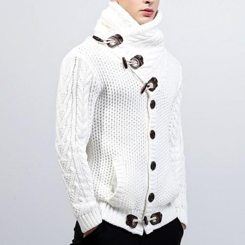 Mens turtleneck male cattle horn buckle coarse wool twisted high collar long sleeve thickened India cardigan sweater