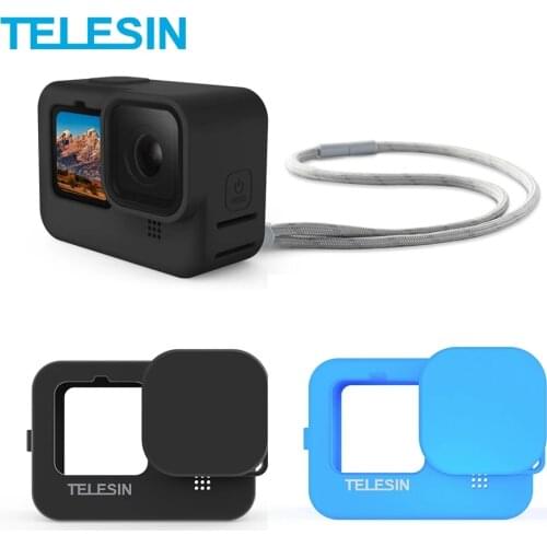 TELESIN Soft Silicone Case Lens Cap Blue Black Adjustable Handle Wrist Strap For GoPro Hero 9 Black Action Camera Accessories