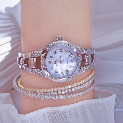 New Product Bs Diamond Luxury Compact Chain Female Quartz Watch Fashion Hollow Steel Belt Waterproof Calendar Business Clock
