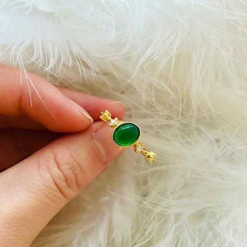 Original design natural green chalcedony oval opening adjustable ring Chinese retro charm womens brand silver jewelry