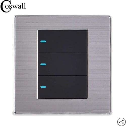 COSWALL Power Conmutador 3 Gang 2 Way Luxury LED Light Switch On / Off Wall Switch Brushed Silver Panel 10A AC 110~250V
