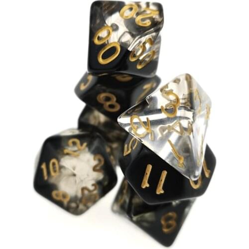 7PC Nebula RPG Dice Set Translucent with Black swirl & Gold Ink D4 D6 D8 D10 D% D12 & D20 for DND D&D Roleplaying Games