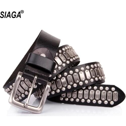 Unisex Personalized Retro Pin Buckle Rivet Hip-hop Punk Metal Belt Quality Cow Genuine Leather Belts for Men & Women SA021