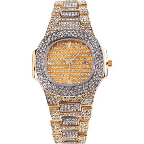 Luxury Men diamond Watch Gold Top Brand Full Steel Rhinestone Dourado Quartz Wristwatch Fashion diamond Watch hip hop For Men