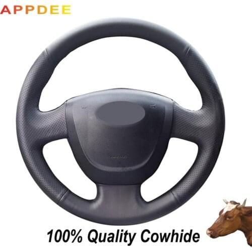 APPDEE Black Genuine Leather Steering Wheel Cover for Hyundai Santa Fe 2006-2012