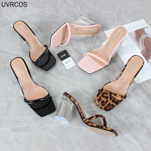 Women Shoes High Heel Sandals Womens Thick Heel Open Toe 2021 Summer Fashion Sexy Patent Leather Crystal Transparent PVC 8.5cm